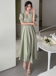 DAZY Solid Puff Sleeve A-line Dress - Mint Green - View 3