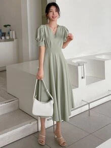 DAZY Solid Puff Sleeve A-line Dress - Mint Green - View 4