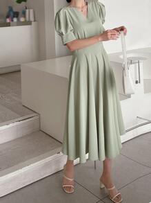 DAZY Solid Puff Sleeve A-line Dress - Mint Green - View 5