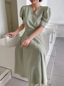 DAZY Solid Puff Sleeve A-line Dress - Mint Green - View 6