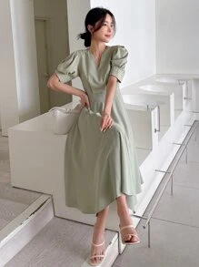 DAZY Solid Puff Sleeve A-line Dress - Mint Green - View 7