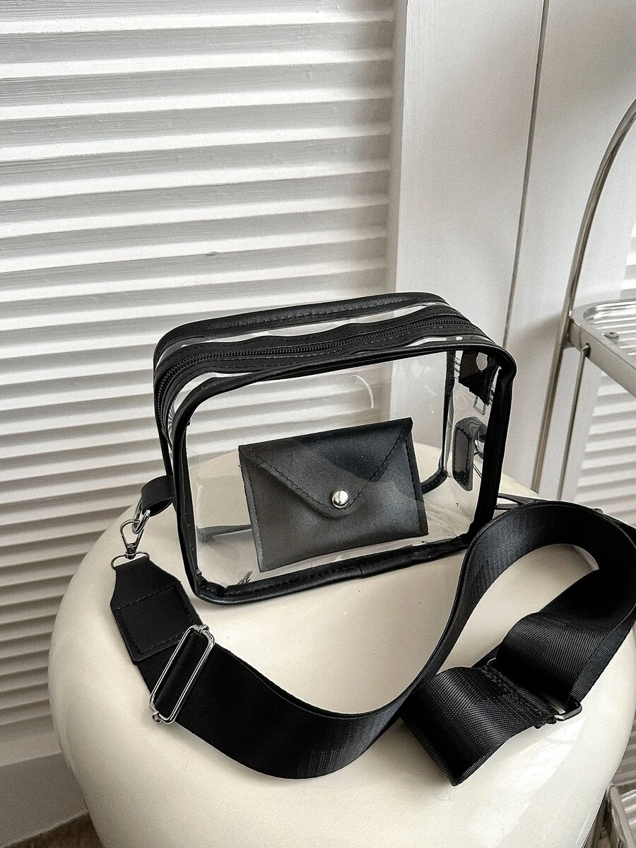 Mini Clear Crossbody Bag Adjustable-Strap Square Bag With Purse Stadium Approved 12*12*6 Clear Transparent Purse Bag For Concerts Sports Events Festivals - Black - View 1