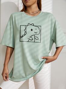 SHEIN Qutie 卡通圖案落肩T恤 - 薄荷綠 - 查看 3