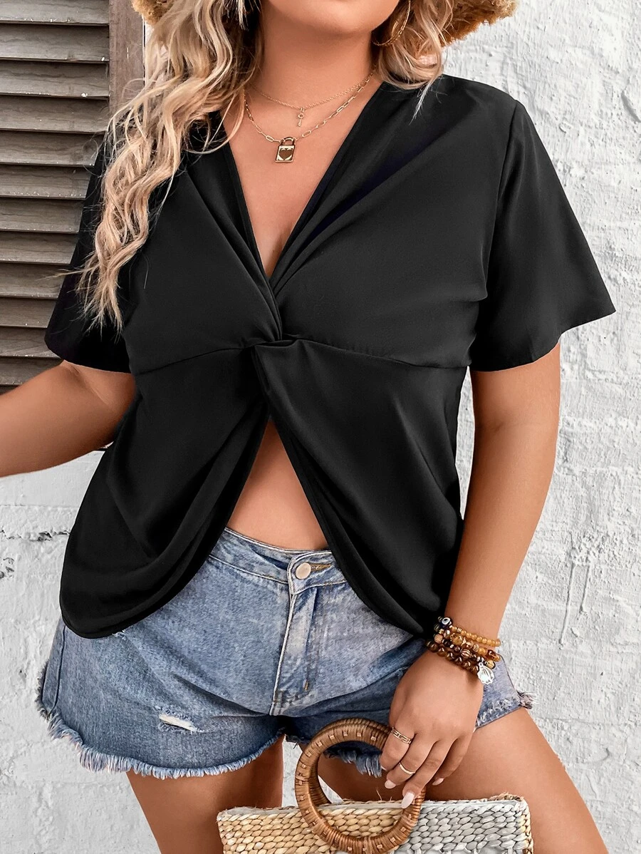 SHEIN LUNE Plus Twist Front Blouse - Black - View 1