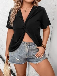 SHEIN LUNE Plus Twist Front Blouse - Black - View 3