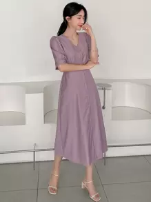 DAZY Solid Button Front Puff Sleeve Dress - Mauve Purple - View 1