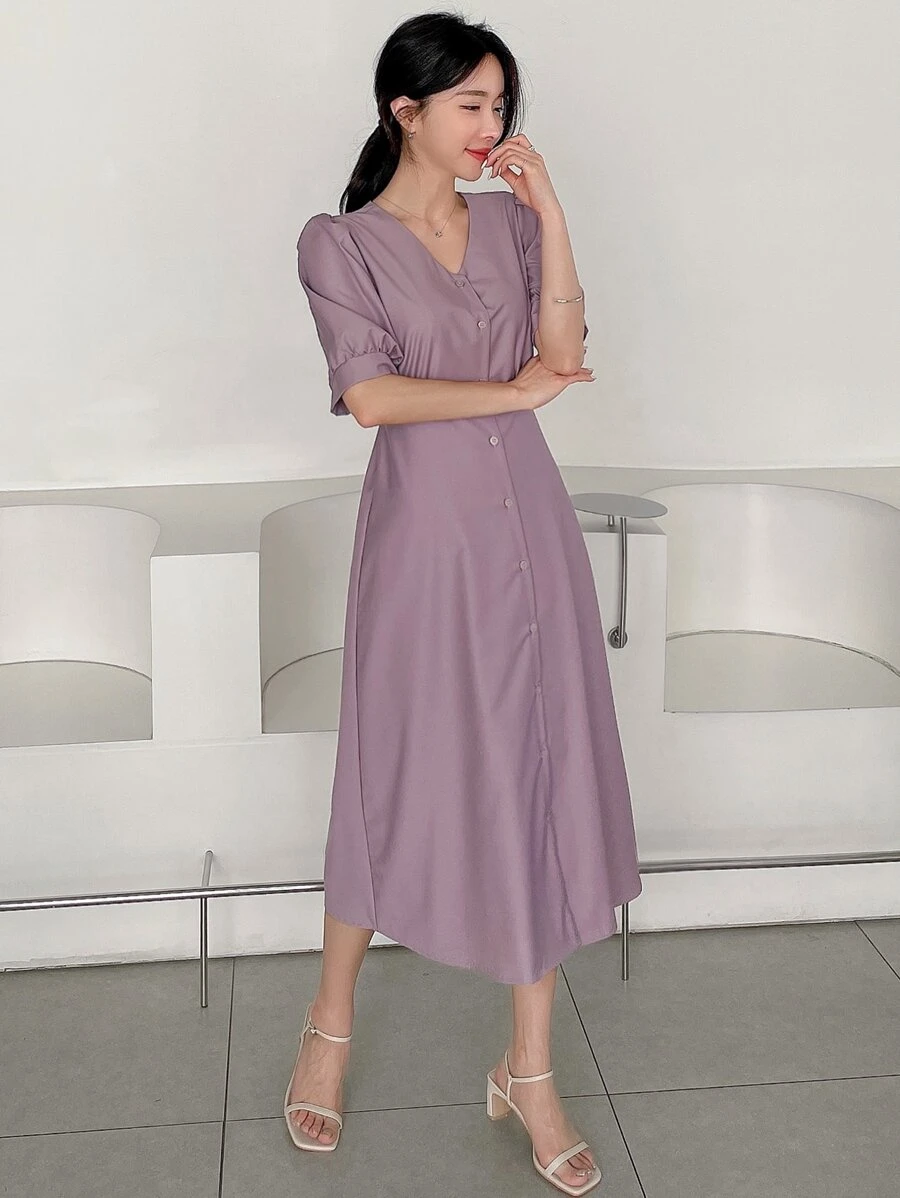 DAZY Solid Button Front Puff Sleeve Dress - Mauve Purple - View 1