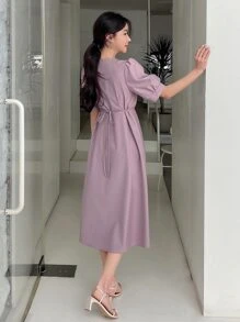 DAZY Solid Button Front Puff Sleeve Dress - Mauve Purple - View 2