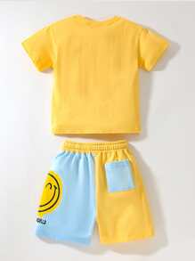 男小童2入組休閒透氣舒適笑臉印花短袖圓領T恤和短褲適合夏天 - 彩色 - 查看 2