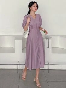 DAZY Solid Button Front Puff Sleeve Dress - Mauve Purple - View 3