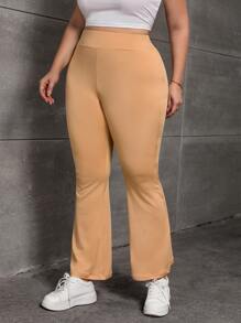 SHEIN EZwear Plus High Waist Flare Leg Trousers - Khaki - View 3