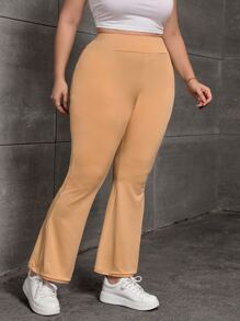 SHEIN EZwear Plus High Waist Flare Leg Trousers - Khaki - View 4