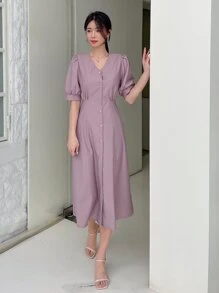 DAZY Solid Button Front Puff Sleeve Dress - Mauve Purple - View 5