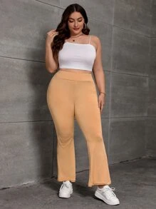 SHEIN EZwear Plus High Waist Flare Leg Trousers - Khaki - View 5