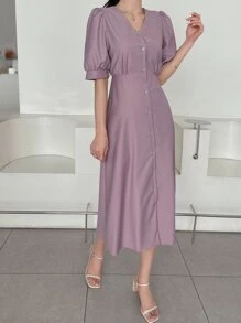 DAZY Solid Button Front Puff Sleeve Dress - Mauve Purple - View 6