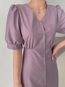DAZY Solid Button Front Puff Sleeve Dress - Mauve Purple - View 7