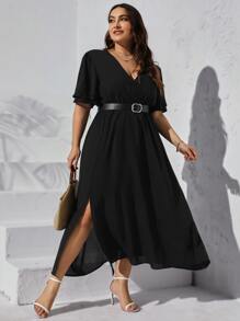 SHEIN Privé Đầm Plus Size Chia Tách cao Trọn gói màu trơn Giải trí - màu đen - Xem 1