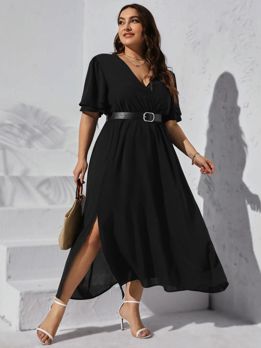SHEIN Privé Đầm Plus Size Chia Tách cao Trọn gói màu trơn Giải trí - màu đen - Xem 1