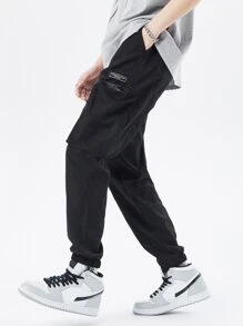 Manfinity Men Letter Graphic Flap Pocket Drawstring Waist Cargo Trousers - Black - View 3