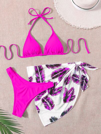 SHEIN Swim 樹葉印花比基尼套裝吊脖三角形文胸和高衩下裝和罩衫半身裙3入組洗澡