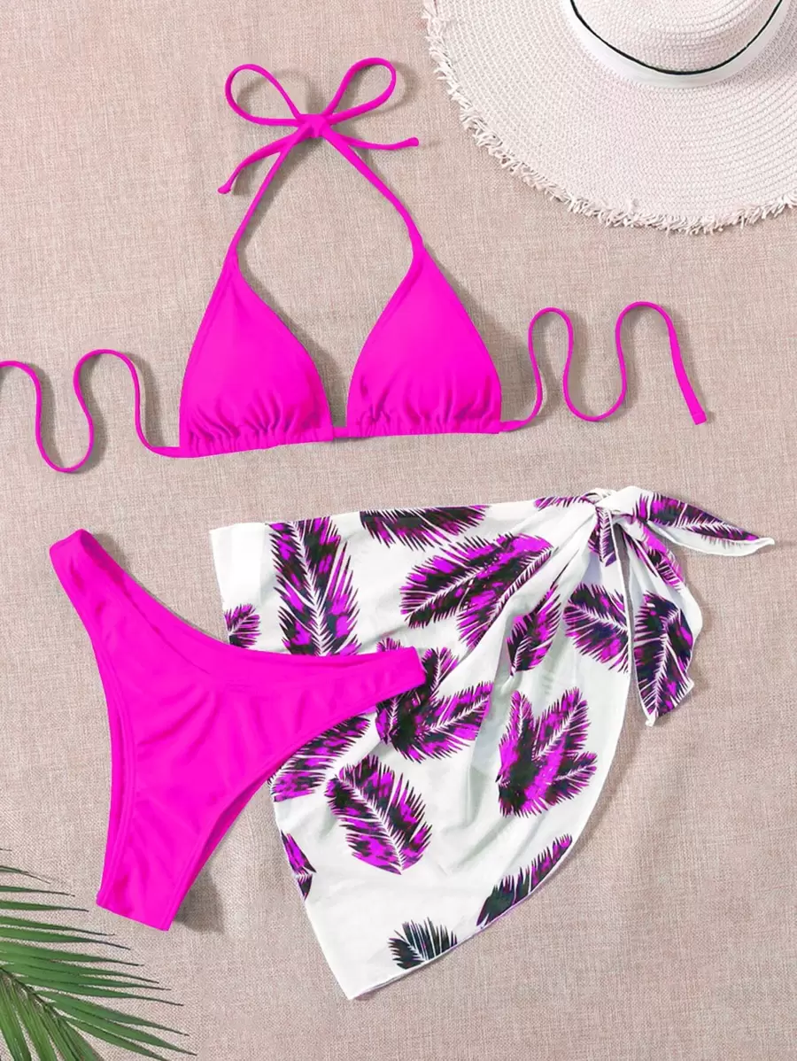 SHEIN Swim 樹葉印花比基尼套裝吊脖三角形文胸和高衩下裝和罩衫半身裙3入組洗澡 - 玫紅色 - 查看 1