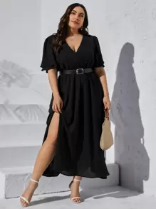 SHEIN Privé Đầm Plus Size Chia Tách cao Trọn gói màu trơn Giải trí - màu đen - Xem 3