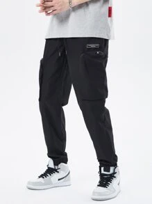 Manfinity Men Letter Graphic Flap Pocket Drawstring Waist Cargo Trousers - Black - View 4