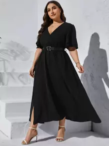 SHEIN Privé Đầm Plus Size Chia Tách cao Trọn gói màu trơn Giải trí - màu đen - Xem 4