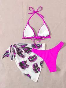 SHEIN Swim 樹葉印花比基尼套裝吊脖三角形文胸和高衩下裝和罩衫半身裙3入組洗澡 - 玫紅色 - 查看 2