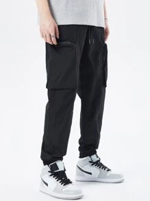 Manfinity Men Letter Graphic Flap Pocket Drawstring Waist Cargo Trousers - Black - View 5