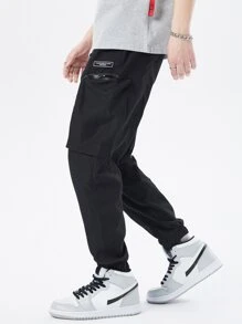 Manfinity Men Letter Graphic Flap Pocket Drawstring Waist Cargo Trousers - Black - View 6