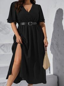 SHEIN Privé Đầm Plus Size Chia Tách cao Trọn gói màu trơn Giải trí - màu đen - Xem 5