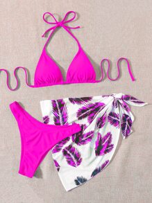 SHEIN Swim 樹葉印花比基尼套裝吊脖三角形文胸和高衩下裝和罩衫半身裙3入組洗澡 - 玫紅色 - 查看 3