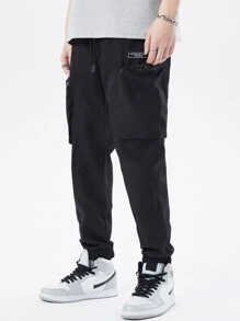 Manfinity Men Letter Graphic Flap Pocket Drawstring Waist Cargo Trousers - Black - View 7