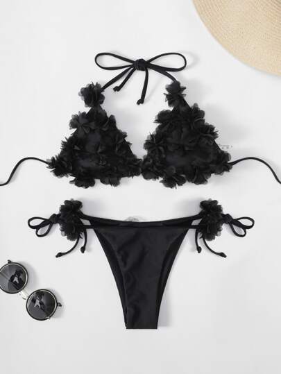 Summer Beach Appliques Halter Triangle Tie Side Bikini Set