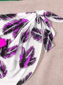 SHEIN Swim 樹葉印花比基尼套裝吊脖三角形文胸和高衩下裝和罩衫半身裙3入組洗澡 - 玫紅色 - 查看 5