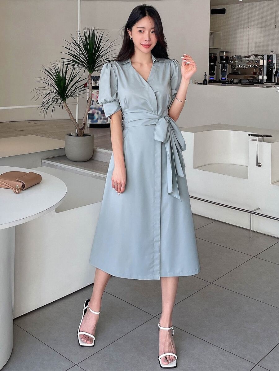 DAZY Puff Sleeve Belted Wrap Dress - Dusty Blue - View 1