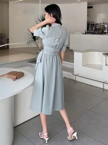 DAZY Puff Sleeve Belted Wrap Dress - Dusty Blue - View 2