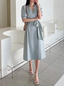 DAZY Puff Sleeve Belted Wrap Dress - Dusty Blue - View 3