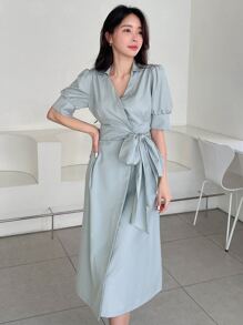 DAZY Puff Sleeve Belted Wrap Dress - Dusty Blue - View 4