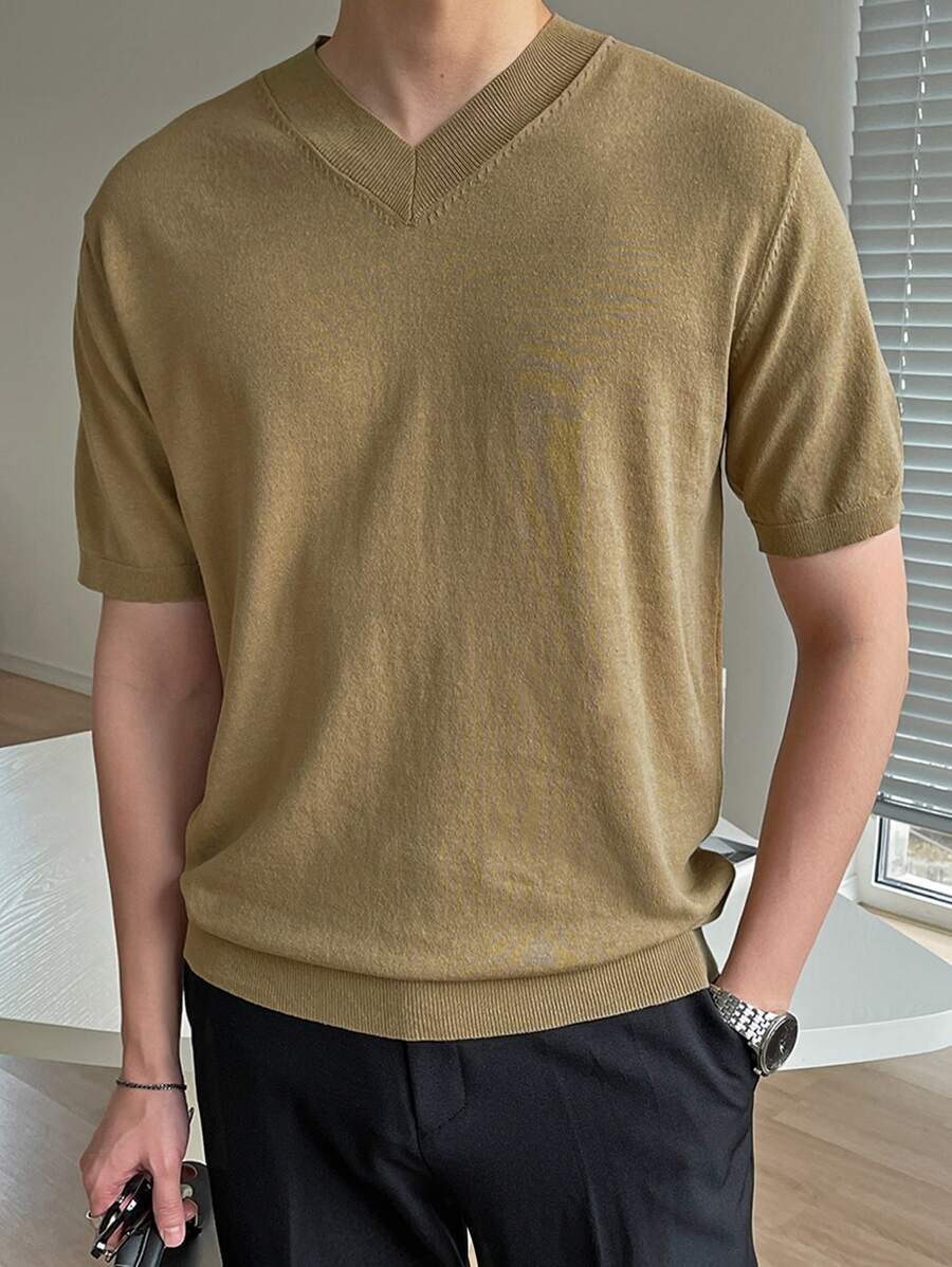 DAZY Men Solid V Neck Knit Top - Khaki - View 1