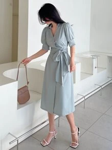 DAZY Puff Sleeve Belted Wrap Dress - Dusty Blue - View 5