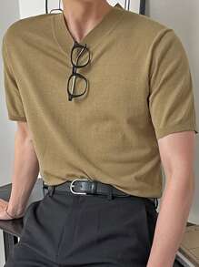 DAZY Men Solid V Neck Knit Top - Khaki - View 3