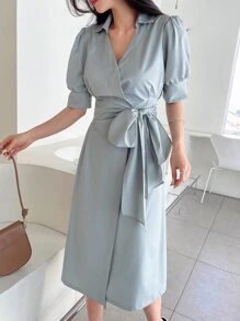 DAZY Puff Sleeve Belted Wrap Dress - Dusty Blue - View 7