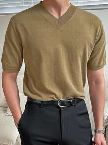 DAZY Men Solid V Neck Knit Top - Khaki - View 5