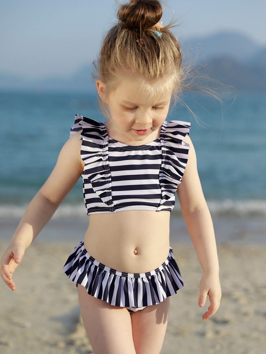 Young Girl Striped Ruffle Trim Bikini Set Summer Beach - Blue and White - View 1