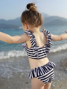 Young Girl Striped Ruffle Trim Bikini Set Summer Beach - Blue and White - View 2