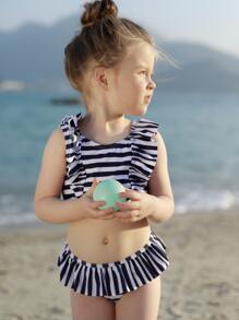 Young Girl Striped Ruffle Trim Bikini Set Summer Beach - Blue and White - View 3