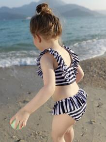 Young Girl Striped Ruffle Trim Bikini Set Summer Beach - Blue and White - View 4