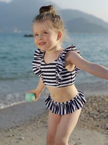 Young Girl Striped Ruffle Trim Bikini Set Summer Beach - Blue and White - View 5